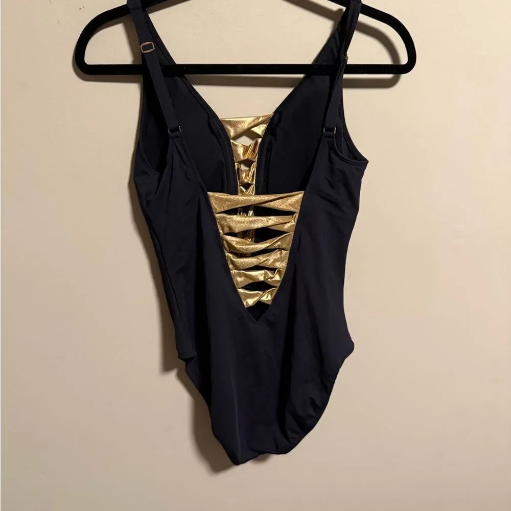 Bleu Rod Beattie Twisted-Front One-Piece Swimsuit Black Gold- Size 8 - Picture 5 of 9